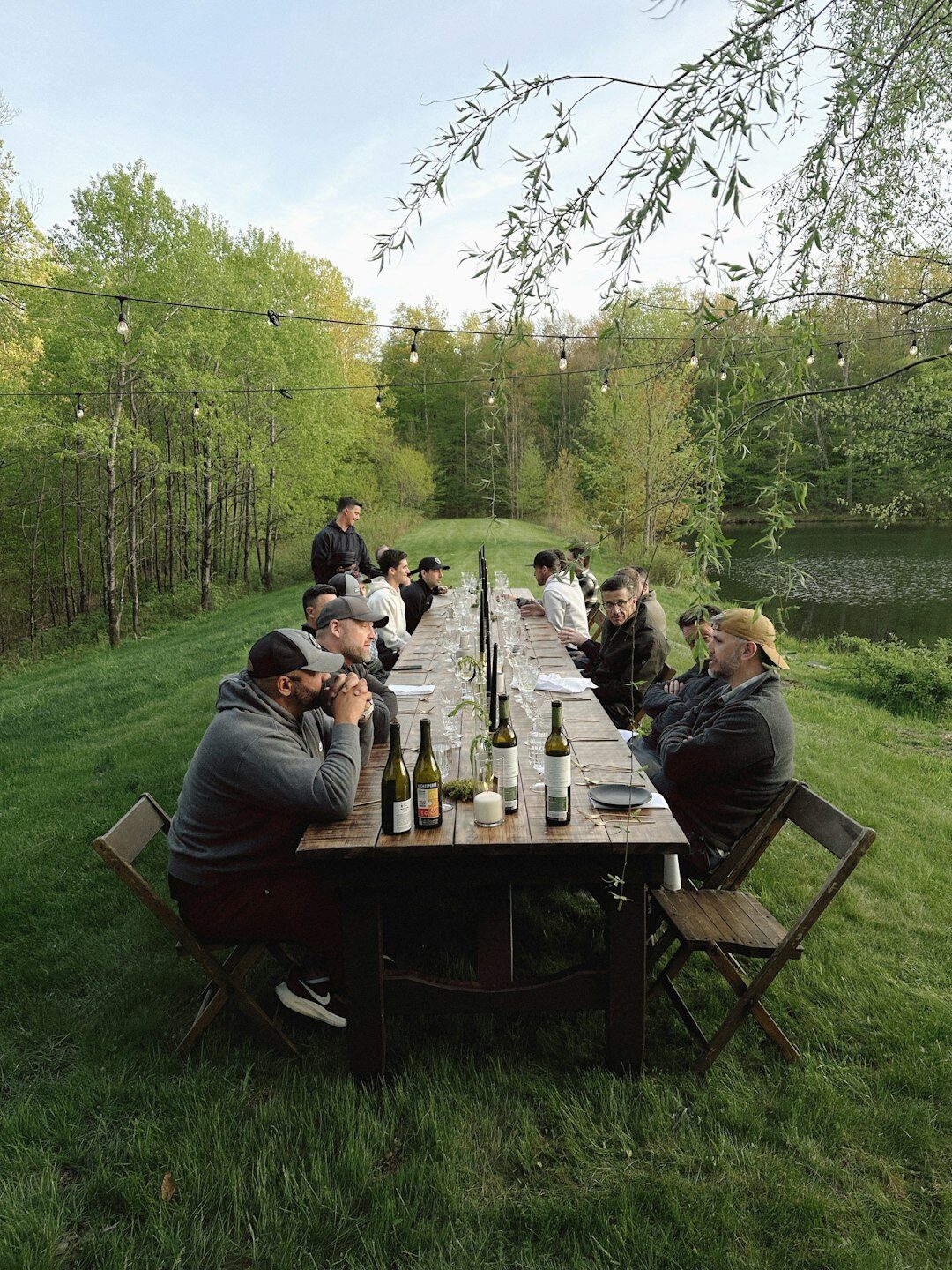 Team members gathered around a table for a work meeting