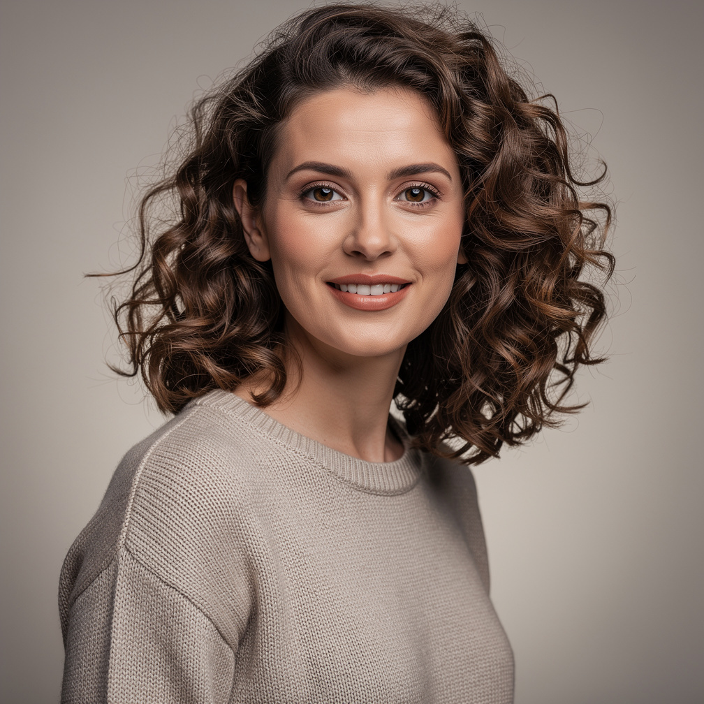 Studio portrait of a woman with curly hair