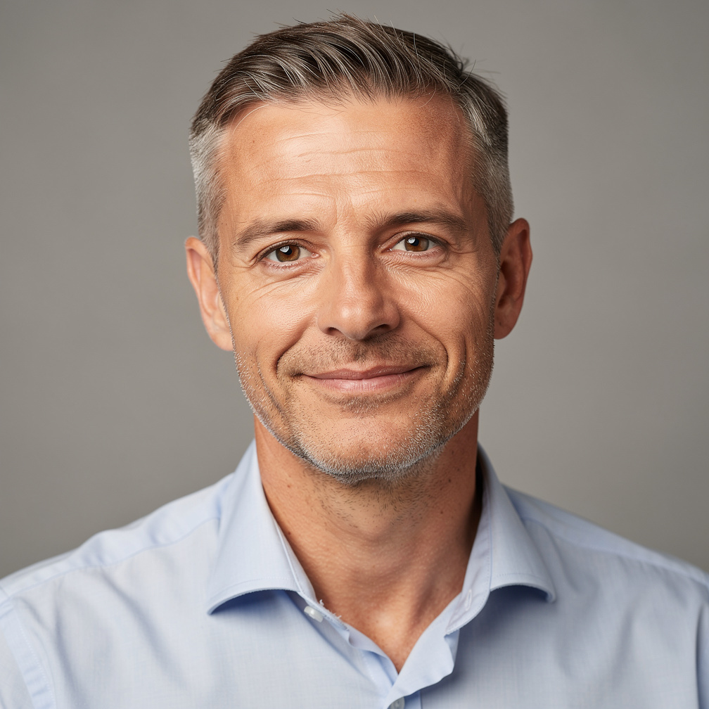 Portrait of a man with short hair smiling