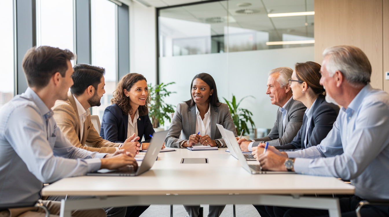 Colleagues discussing during a workplace practice meeting